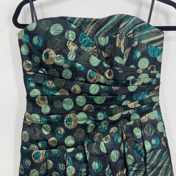 PHOEBE COUTURE Green Gold Metallic Asymmetrical Strapless Mini Dress Size 4 - Picture 3 of 7